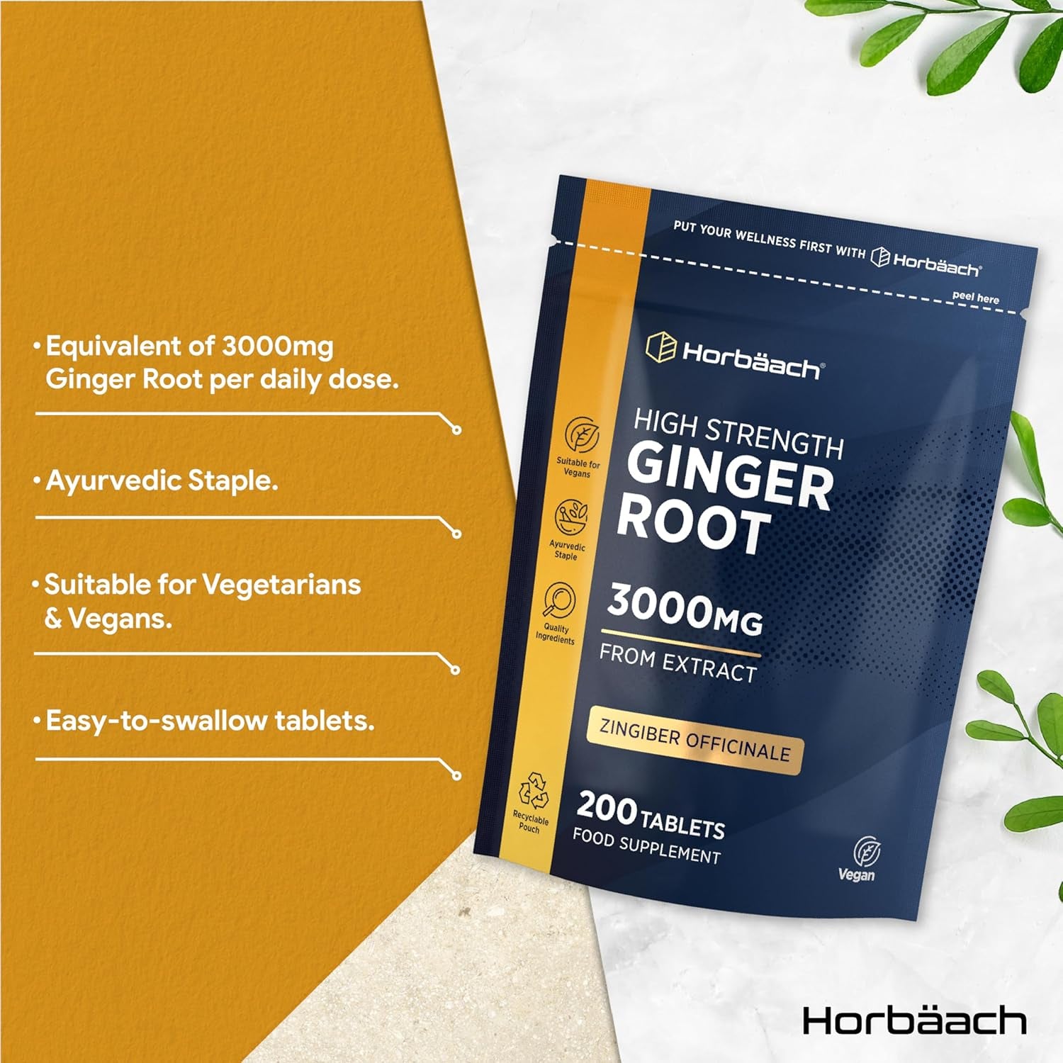 Ginger Root Tablets 3000Mg | High Strength Ginger Root Extract | Zingiber Officinale | 200 Tablets - Vegetarian & Vegan | by Horbaach