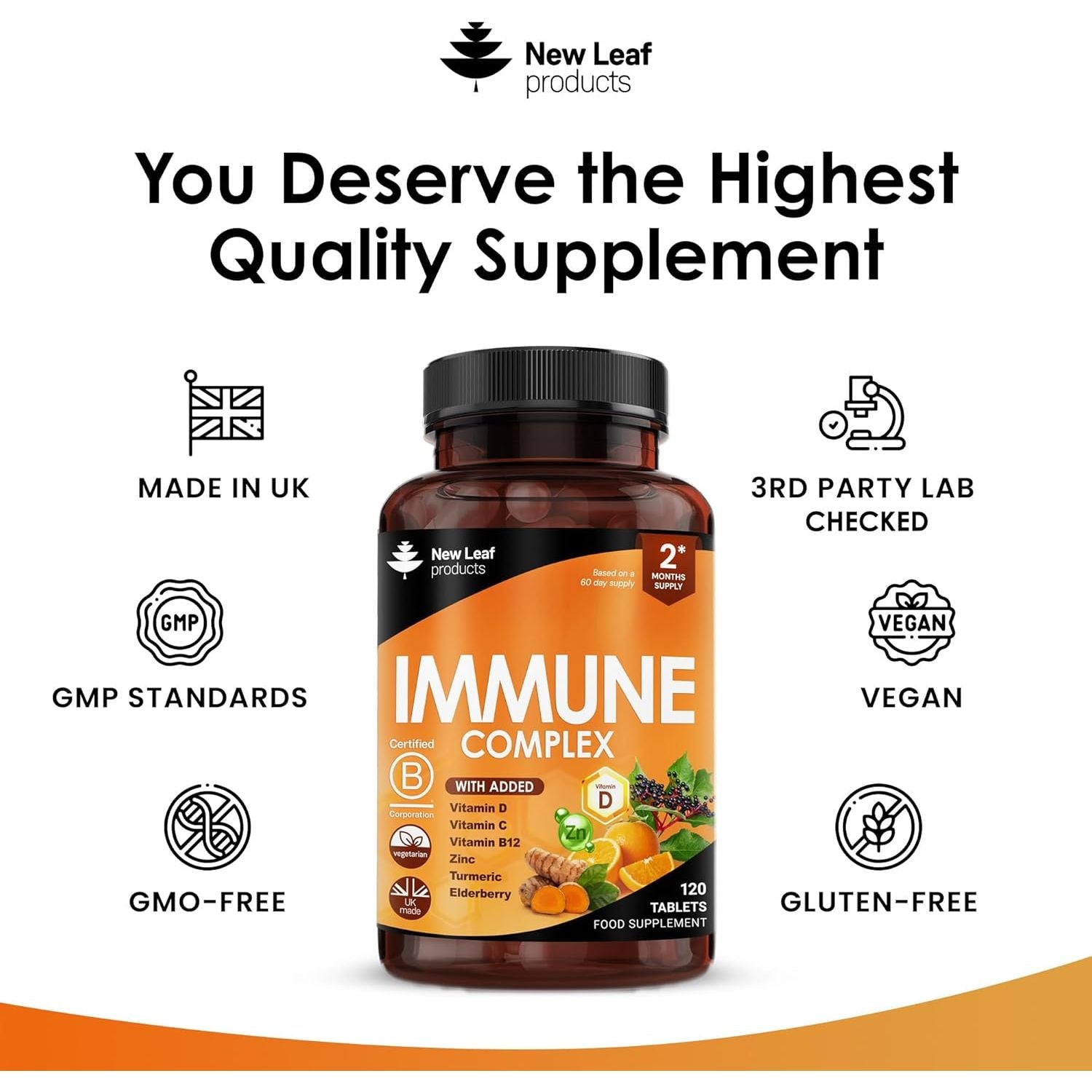 Vitamin D3 Immune Booster Complex - with Vitamins D,C, B12, Zinc, Turmeric & Elderberry - Immune Support - Made in the UK - Immunity Booster by New Leaf 120 Tablets