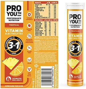 Proyouth Electrolytes Tablets with Vitamins for Kids and Adults - Hydration & Rehydration Tablets with Electrolytes, Vitamins and Minerals - No Caffeine, No Sugar | 20 Tablets Tropical | Pack of 1