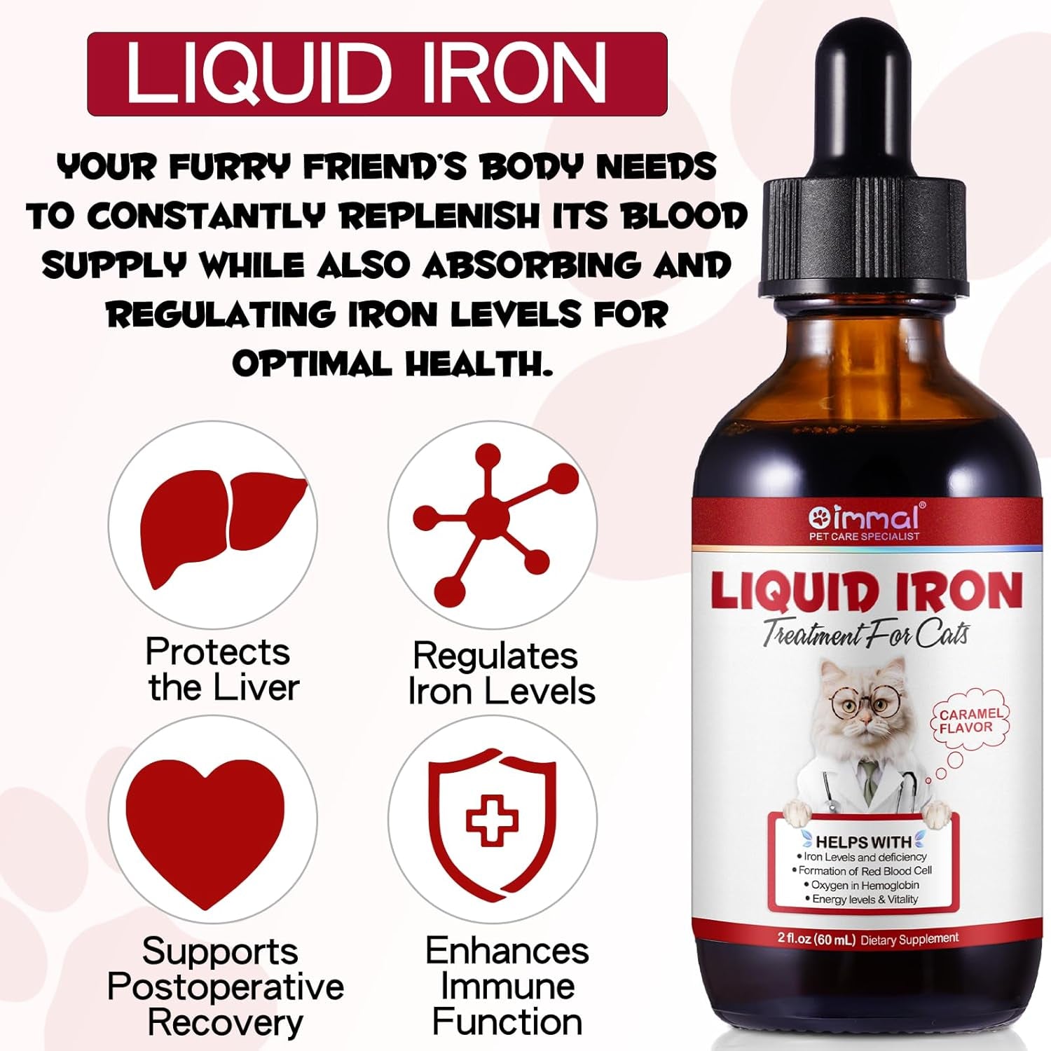 Liquid Iron Drops for Cats, Liquid Supplement for Cats Supports Anemia, Low Enery Levels and Lethargy, Improve Energy Levels & Vitality, Pet Supplies Cat Supplement Vitamins, Caramel Flavor - 2 Fl.Oz
