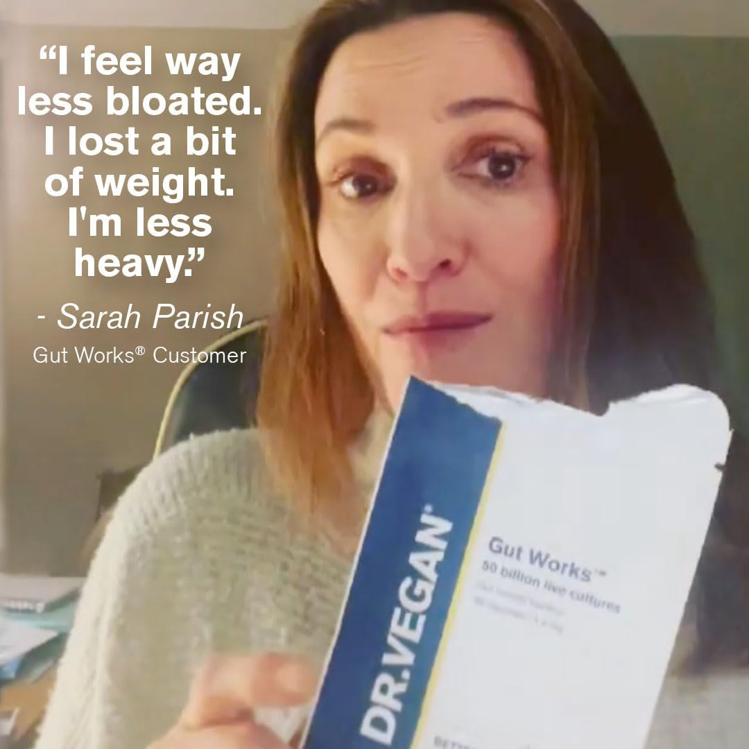 Gut Works® | 6 Prebiotics and Probiotic Strains | 50 Billion CFU Bacteria Live Cultures | Daily Support for Gut Health | 30 Vegan Capsules | One-A-Day | Dr.Vegan