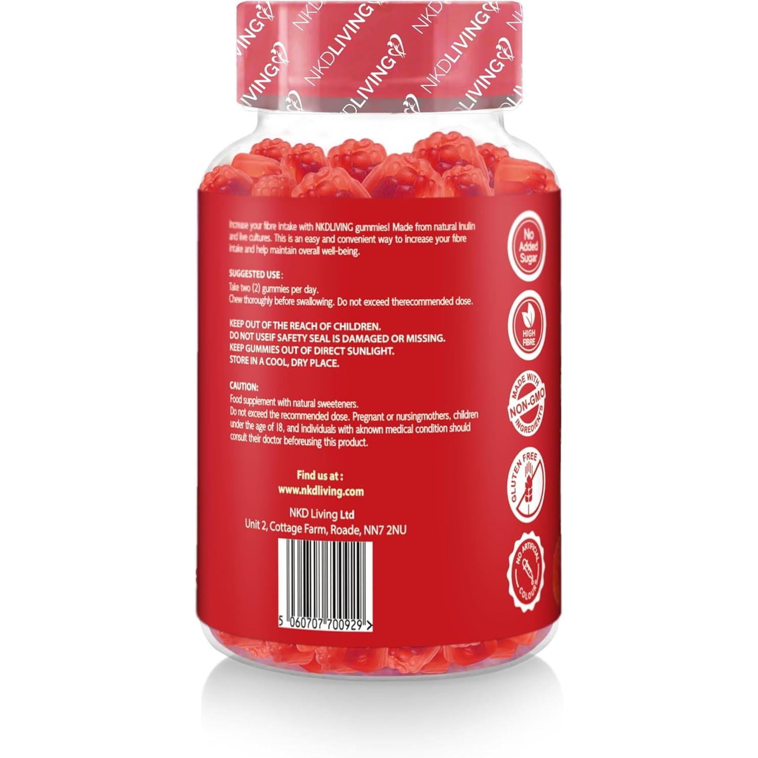 NKD Living High Fibre Inulin Gummies (60 Vegan Gummies) 5G of Fibre per Serving - with 1 Billion Live Cultures - Gut Health and Digestive System Support