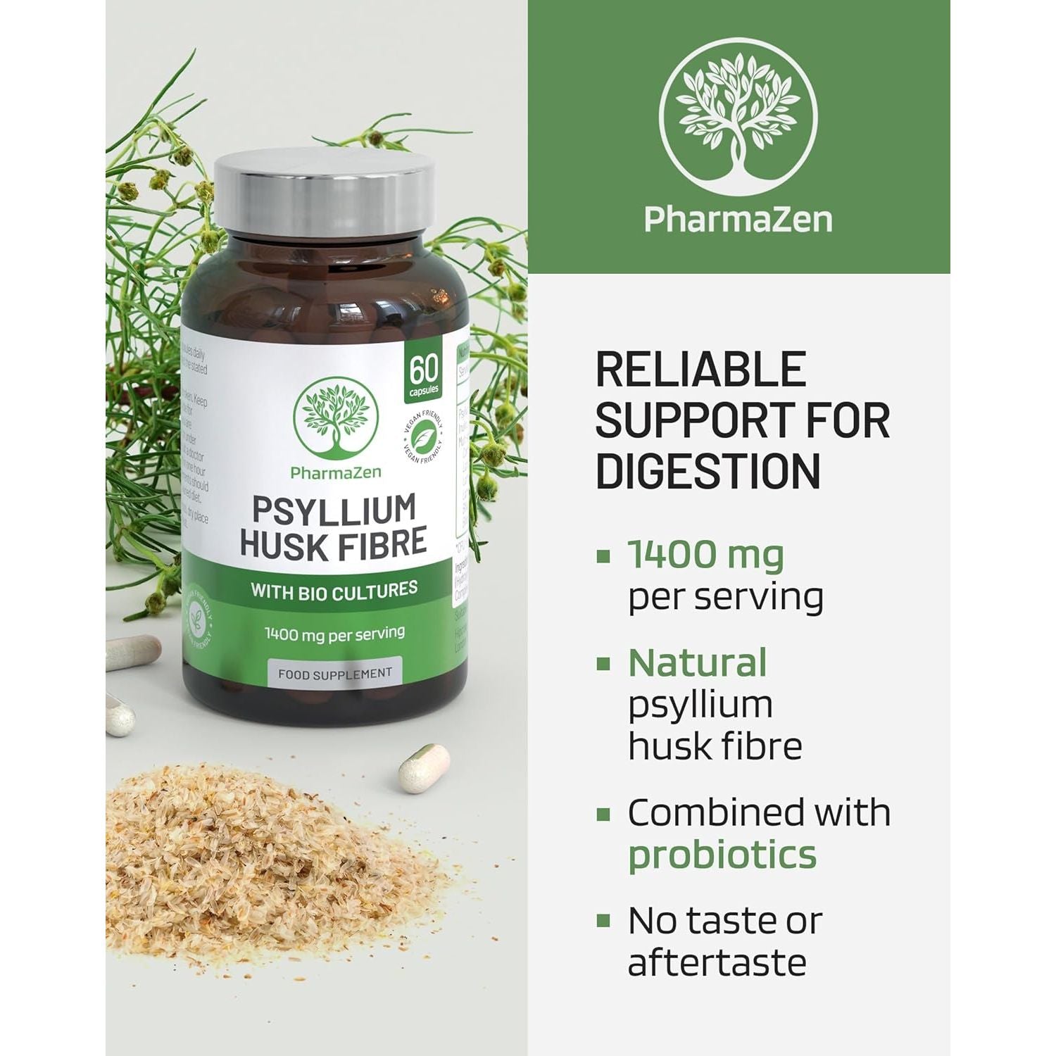 Psyllium Husks Capsules with Probiotics - High Fibre Supplement 1400Mg - Soluble Fiber Tablets High Strength - 60 Capsules - Pure Psyllium Husk & 6B Acidophilus Probiotic Complex for Digestive Support