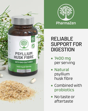 Psyllium Husks Capsules with Probiotics - High Fibre Supplement 1400Mg - Soluble Fiber Tablets High Strength - 60 Capsules - Pure Psyllium Husk & 6B Acidophilus Probiotic Complex for Digestive Support
