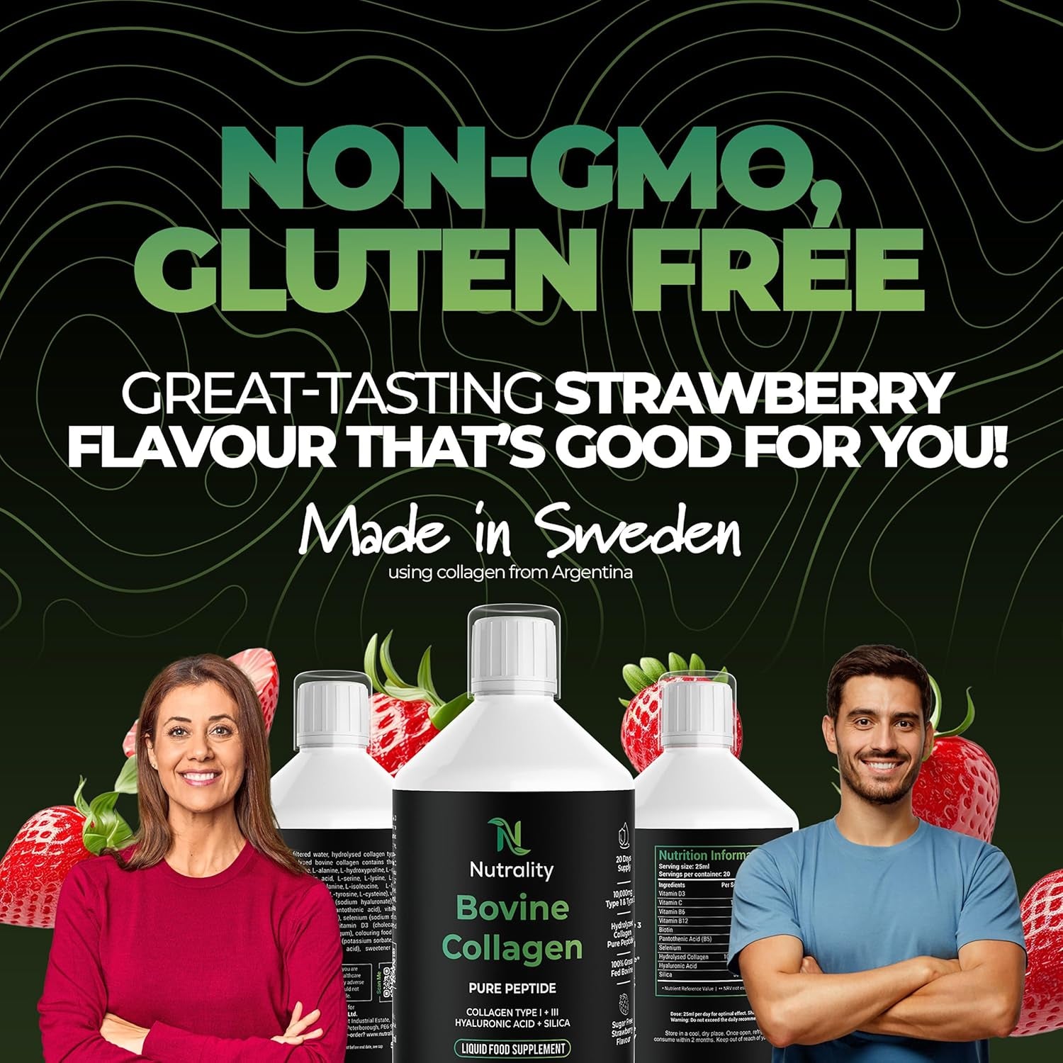 Nutrality Bovine Collagen Sugar Free Liquid | 10,000Mg Type 1 Peptides | Collagen Peptides, Hyaluronic Acid, Biotin | Strawberry Flavour | Healthy Skin, Hair, Nails | 500Ml (1 Bottle)