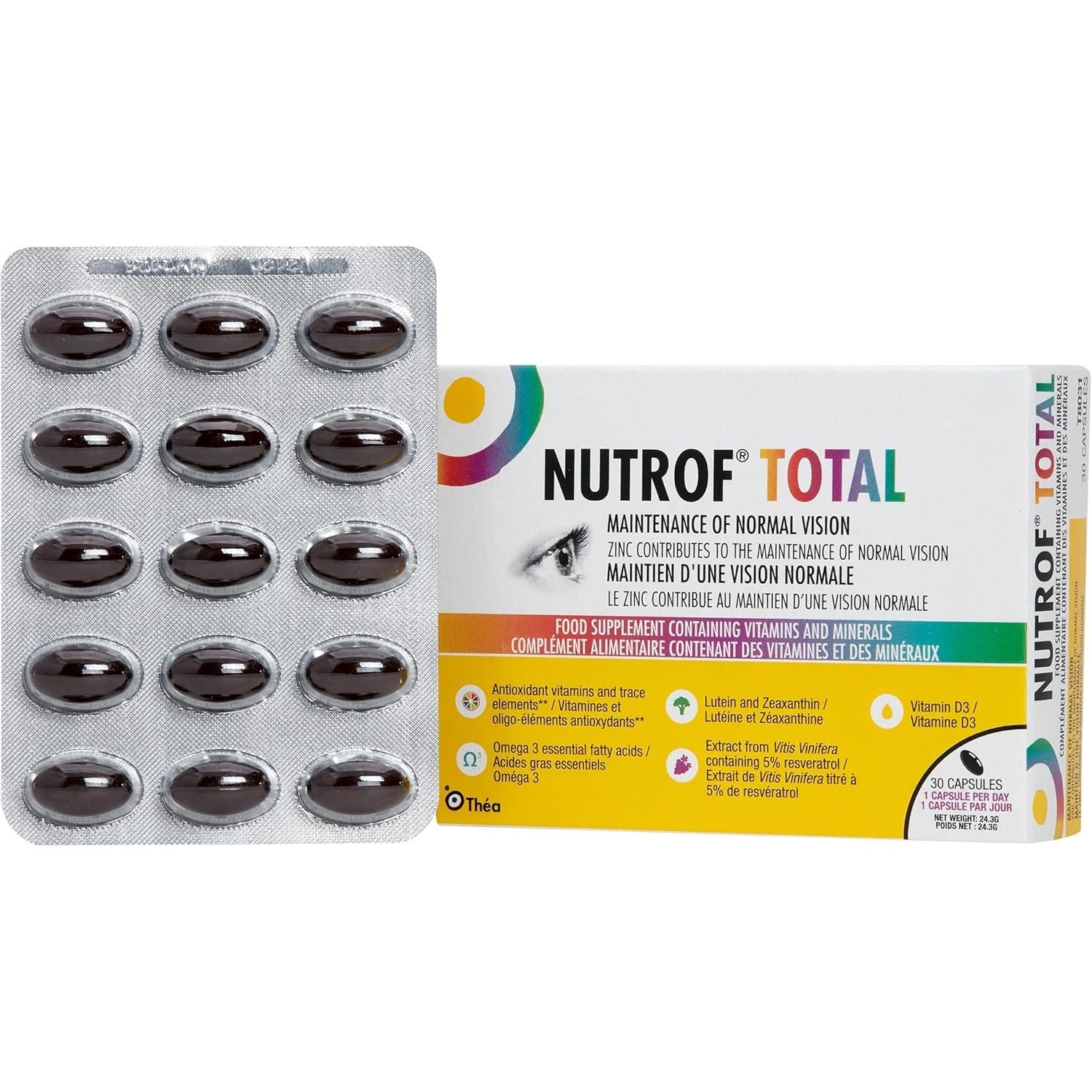Nutrof Total Capsules – Eye Health Supplement with Lutein, Zeaxanthin, Omega 3, and Antioxidants | Essential Nutrients for Optimal Eye Health | Pack of 30 Capsules (1 Capsule per Day - 1-Month Supply)