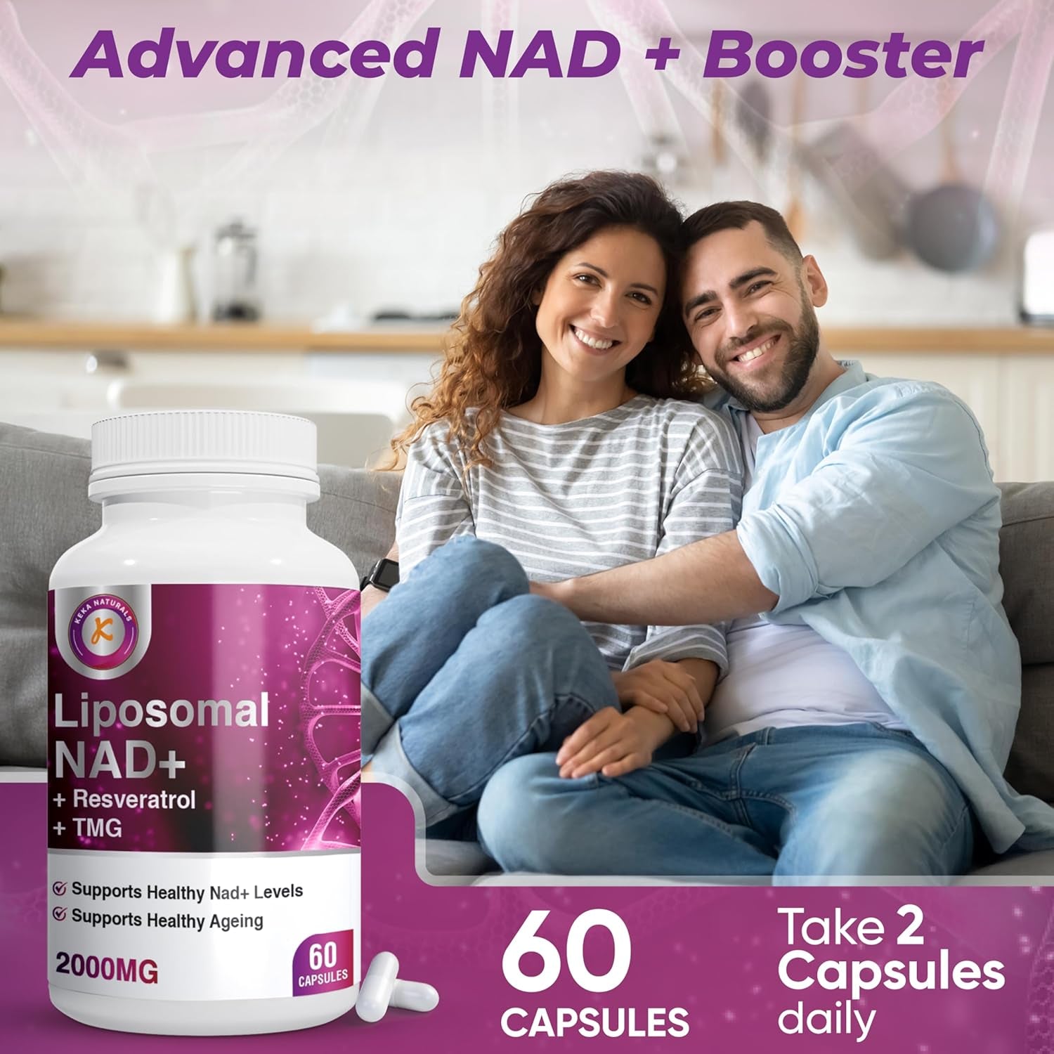 Pure NAD + Trans-Resveratrol + TMG | 2000Mg | 3-In-1 Advanced Formula | NAD Resveratrol TMG Supplement | Boost NAD+ | Immune & Energy Support, Skin & Overall Health | 60 Capsules