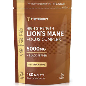 Lions Mane Supplement 5000Mg | Focus Complex with Vitamin B5 & Black Pepper | Lion'S Mane Mushroom Mental Performance Supplement | 180 Vegan Tablets | by Horbaach