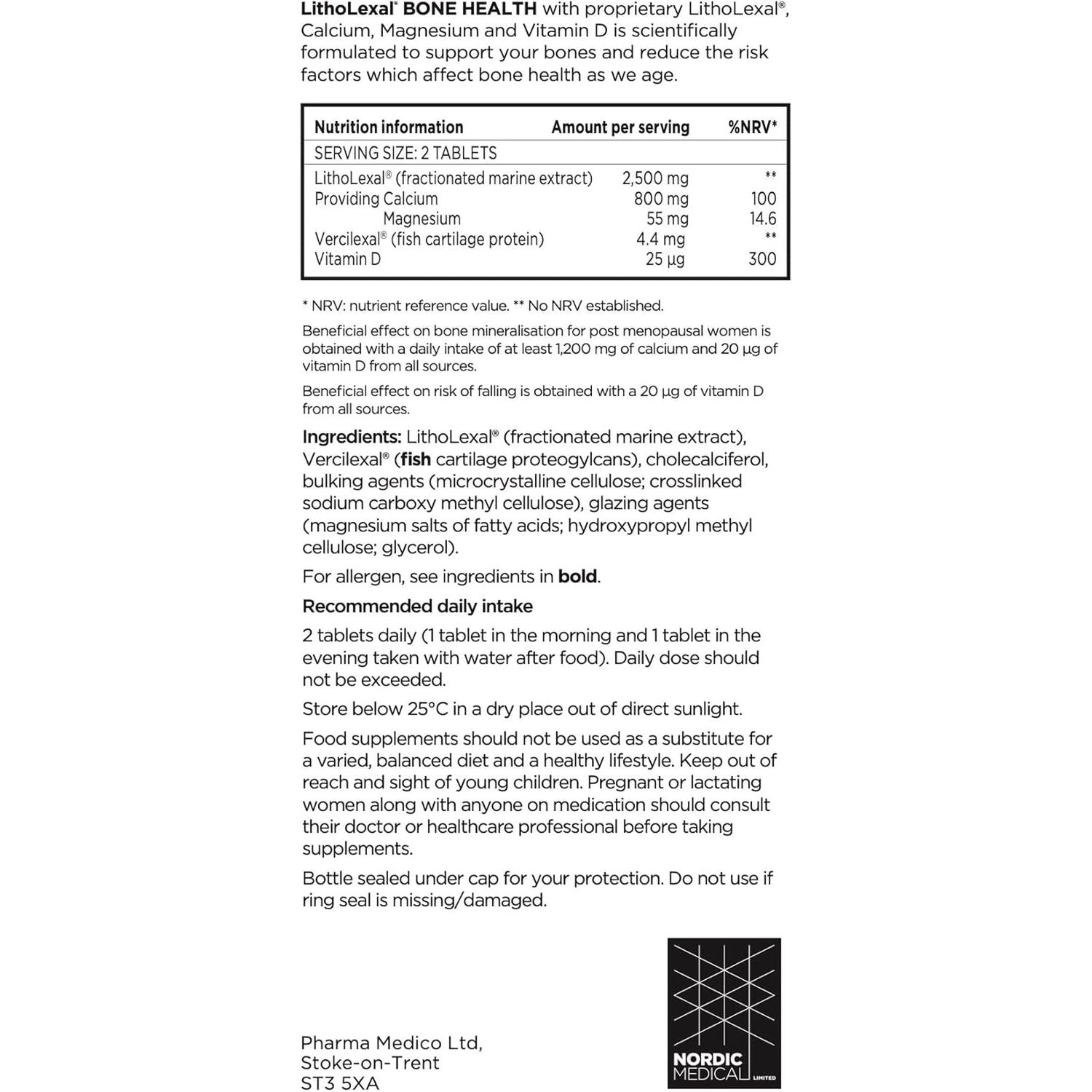 Litholexal Bone Health 60 Tablets (1 Month Supply) Food Supplement, Containing Plant-Based Calcium, Magnesium and Vitamin D