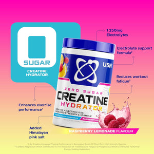 USN Creatine Hydrator - Creatine Monohydrate & Electrolyte Powder Drink with Himalayan Pink Salt & Sugar Free. Supports Muscle Growth, Strength & Hydration. Raspberry Lemonade - 330G (30 Servings)