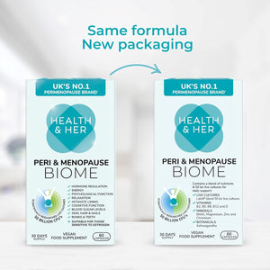 Health & Her Peri & Menopause Biome 50Bn Live Cultures Supplements for Women - Ashwagandha, Magnesium, Zinc - 1 Month Supply, 60 Capsules - Phytoestrogen Free