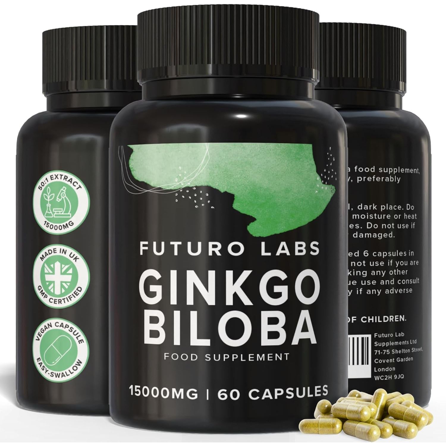 Ginkgo Biloba Capsules 15,000Mg - 60 Capsules (2 Months Supply) - Standardised Leaf Extract - High Strength, Vegan, Lab Tested & Gluten Free - Made in the UK