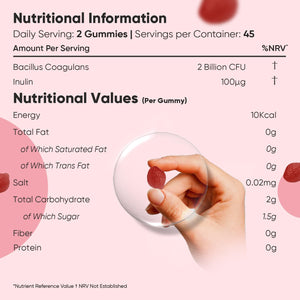 Vegan Probiotic Gummies with Prebiotic - 45 Days Supply (90 Gummies) - Natural Strawberry & Vanilla Flavour - Spore-Forming Bacillus Coagulans Strain & Prebiotic Fibre Inulin - for Men & Women