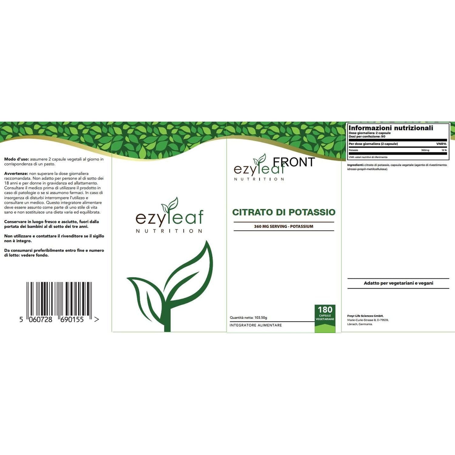 Ezyleaf Potassium Citrate | 180 High Strength Potassium-Capsules - 1000Mg Citrate per Serving | Potasium Supplements | Clean, No Fillers Formula | Vegan, Non-Gmo Gluten & Allergen Free | UK