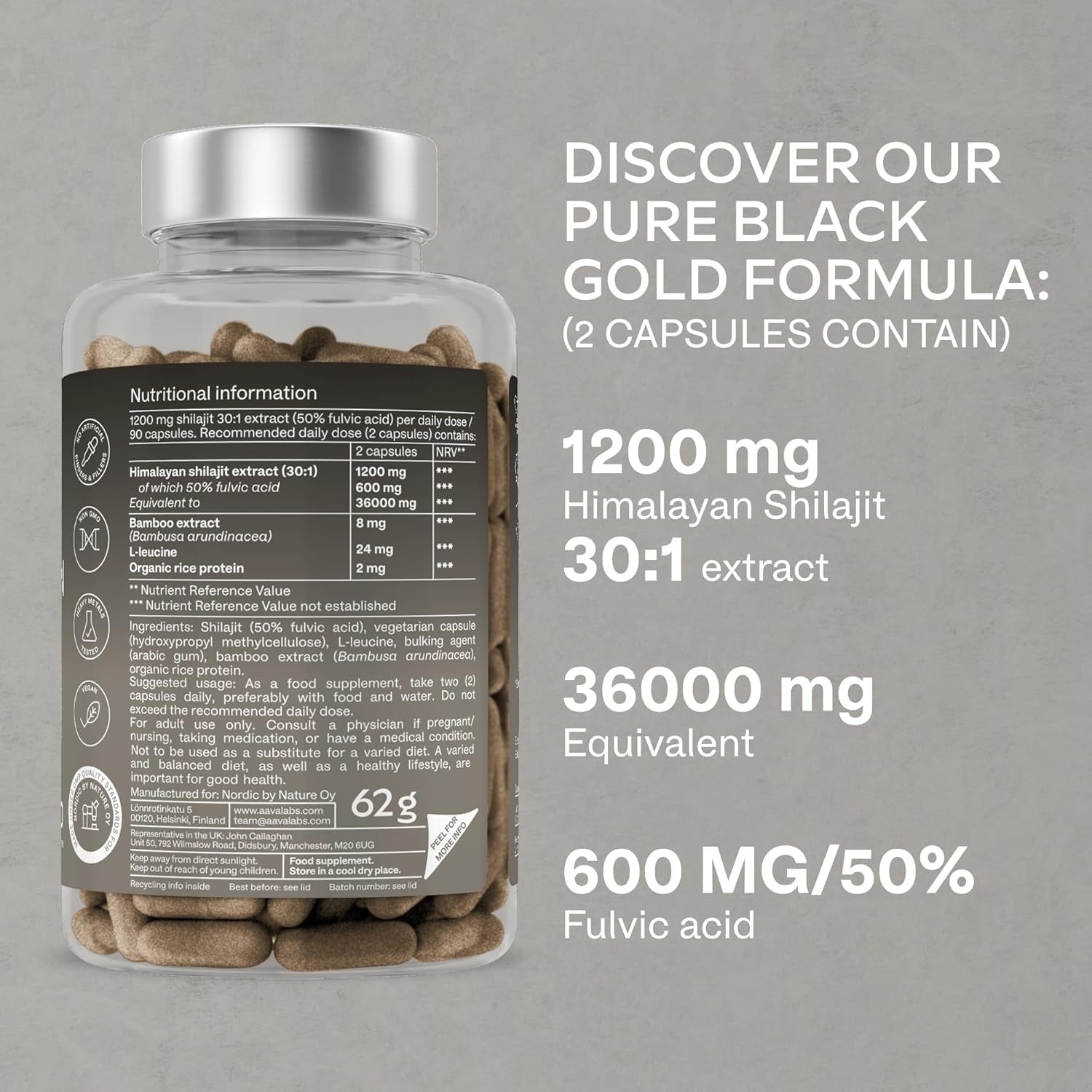 Pure Himalayan Shilajit - 36,000Mg - 30:1 Extract Ratio - 90 Pure Shilajit Capsules for Men- with 50% Fulvic Acid - More Convenient than Resin - Rich in Trace Minerals