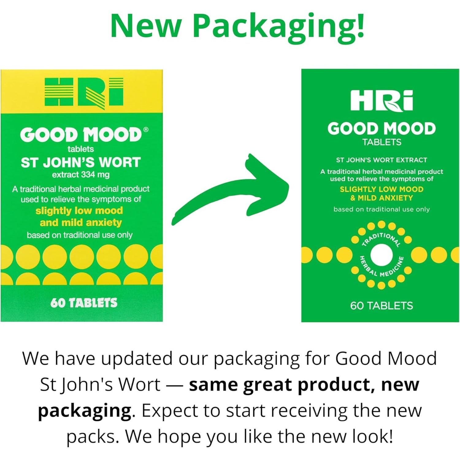 HRI Good Mood 60 Tablets - to Relieve the Symptoms of Slightly Low Mood and Mild Anxiety - 334 Mg of St John'S Wort Extract, Equivalent to 1670Mg – 2338Mg of St John’S Wort. 1 Pack