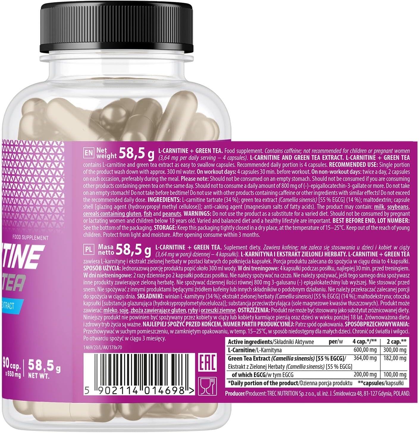 TREC Nutrition L-CARNITINE + Green Tea | Turn Fat into Energy | Weight Loss Metabolism Booster | 90 Capsules