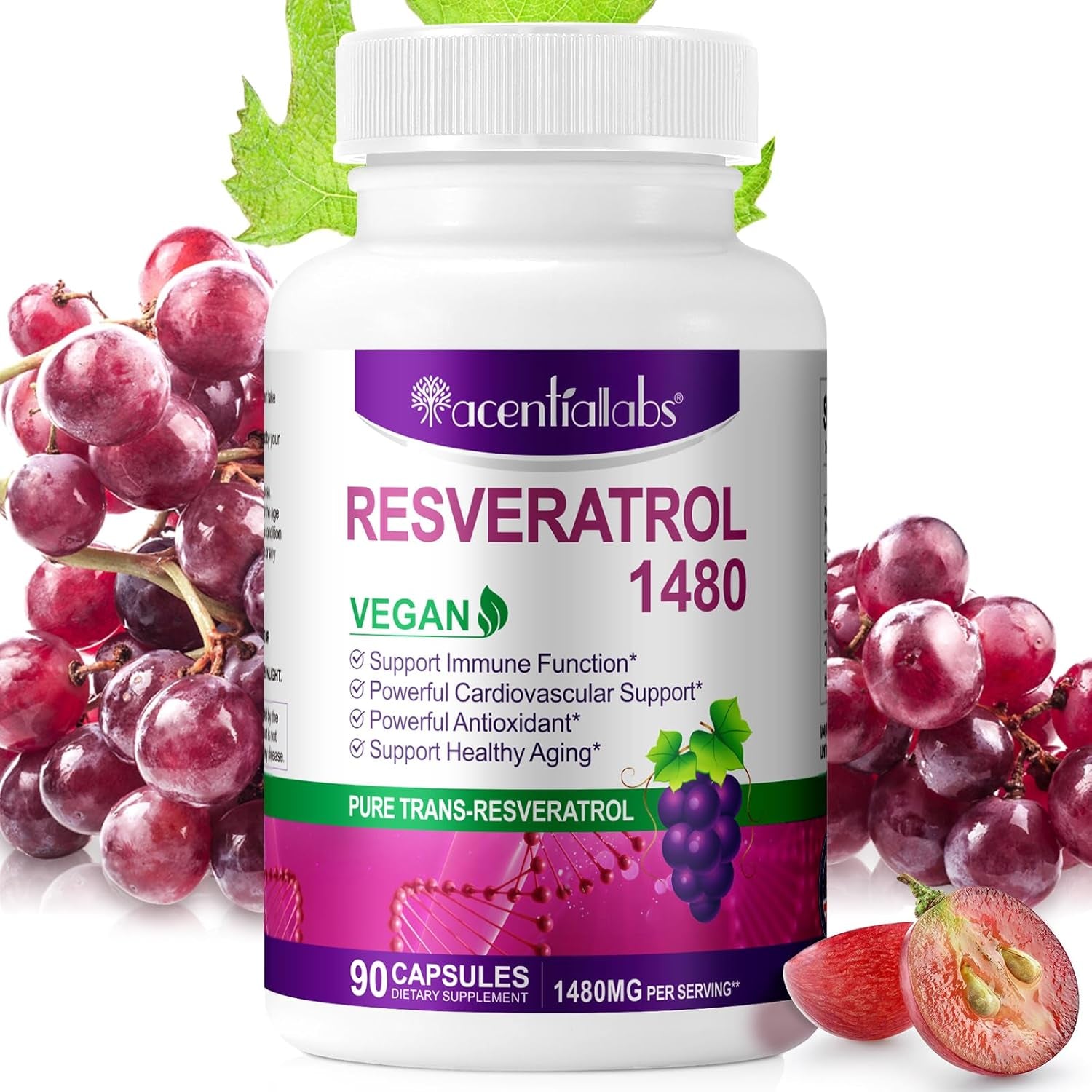 Resveratrol Supplement 1480Mg, 90 Capsules High-Potency Trans-Resveratrol Supplement for Heart, Skin, and Anti-Aging Antioxidant