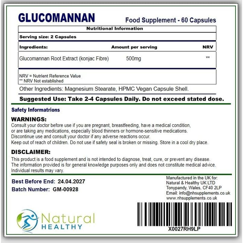 Glucomannan Capsules - High Fiber Supplement for Digestive Health & Weight Management for Man and Women - 60 Capsules - Suitable for Vegans