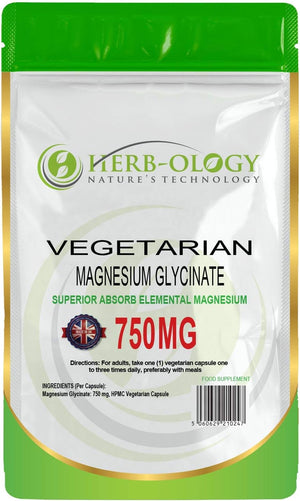 Herb-Ology Magnesium Glycinate Capsules | 120 Vegan Capsules | Magnesium Supplements | 750Mg per Capsule | Highly Bioavailable, Dairy Free & Manufactured in the UK
