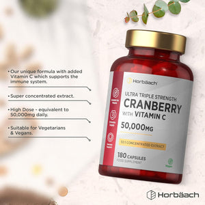 Cranberry Capsules 50,000 Mg | High Strength Cranberry Extract with Vitamin C | 180 Vegan Capsules | Supplement for Women & Men | by Horbaach
