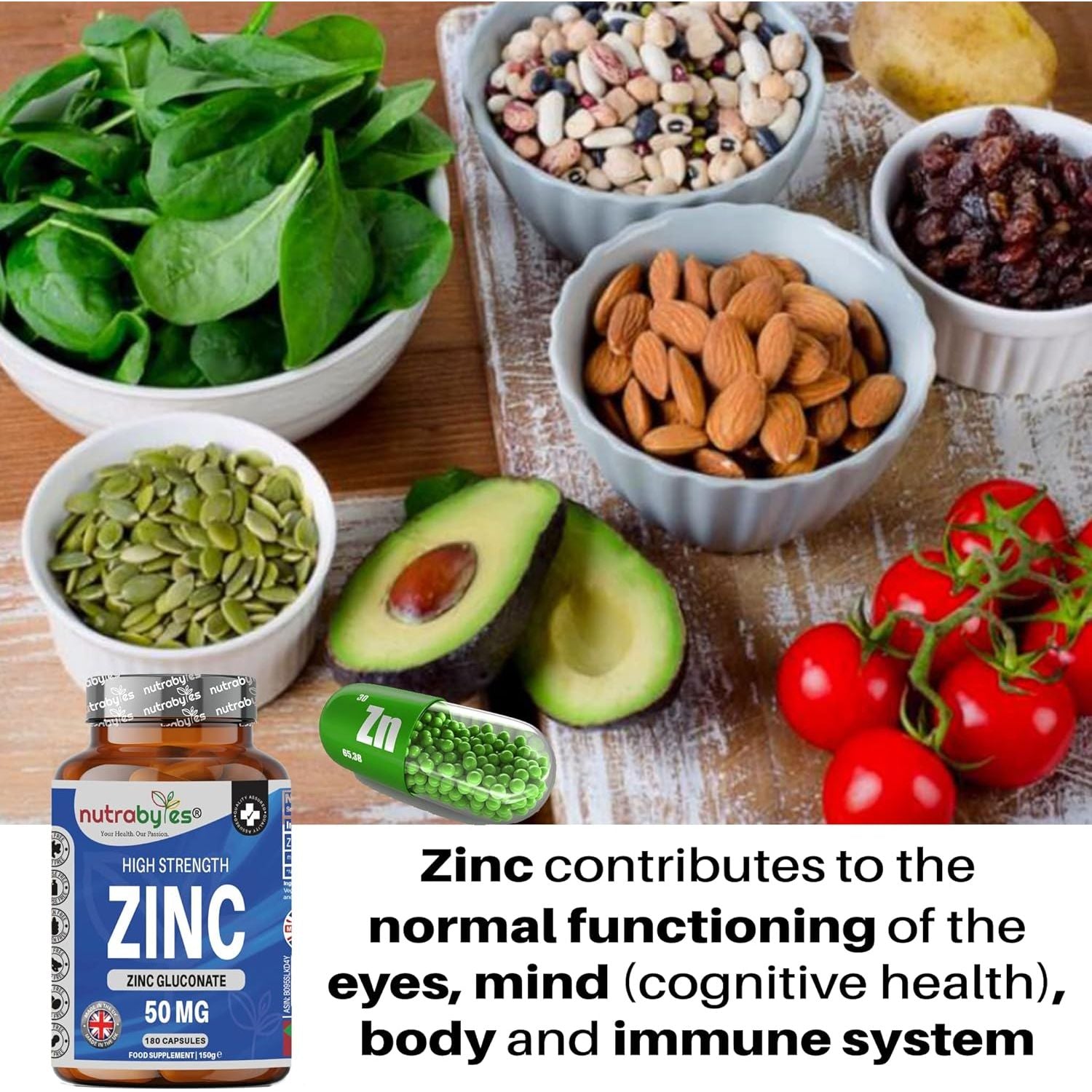 Nutrabytes High Strength Zinc Gluconate Supplement, 180 Vegan Capsules | 50Mg Pure Elemental Chelated Mineral for Immune System, Skin, Hair, Nails, Hormone & Fertility Support | 6 Month Supply