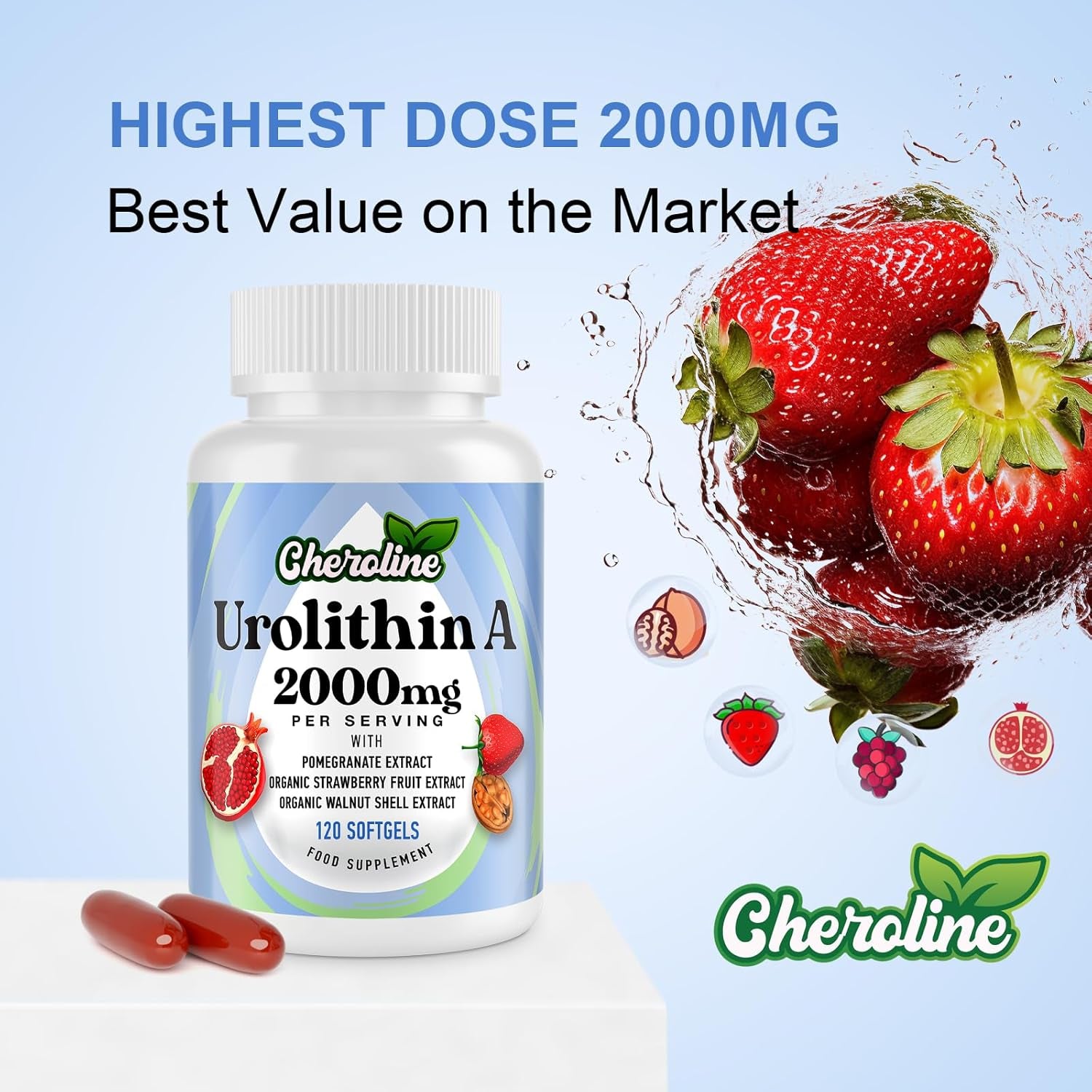 Urolithin a Supplement 2000Mg - 120 Softgels 60-Day Supply - Enhanced with Pomegranate, Strawberry, and Walnut Extracts - for Mitochondria, Energy, Antioxidants & Cellular (120 Count (Pack of 1))