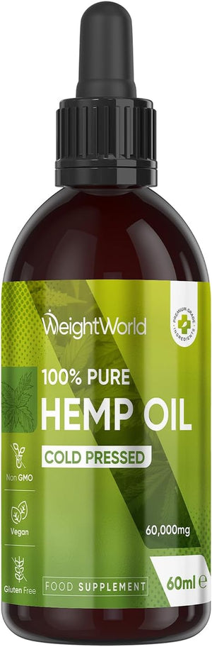 Pure & Cold Pressed Hemp Seed Oil - 60Ml - 60000Mg of Natural & Vegan Hemp Oil for Humans - 2000Mg per Serving - Sublingual Drops