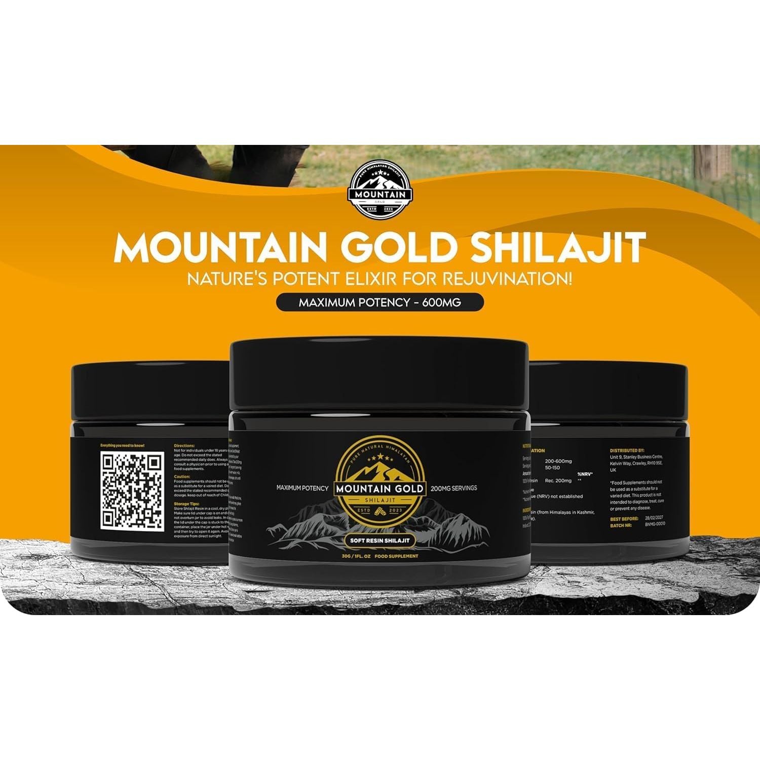 Shilajit Resin Mountain Gold Shilajit, Natural Himalayan Shilajit - 100% Pure Shilajit, Rich in Fulvic Acid 77%, 84+ Trace Minerals, Lab Tested, 600Mg Max Potency, Shilajit Pure, Vegan