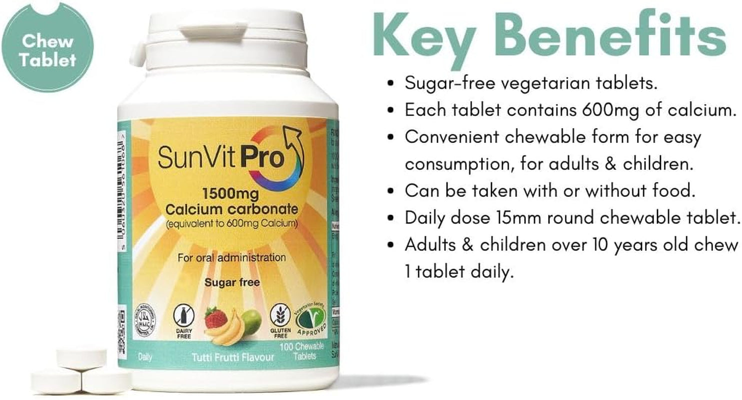 Sunvit-Pro Calcium Carbonate Tablets 600Mg Tutti Frutti Flavor - Calcium Supplements for Women & Men Supports Heart, Bones, Joint & Digestive Health - Gluten Free 100 Chewable Tablets