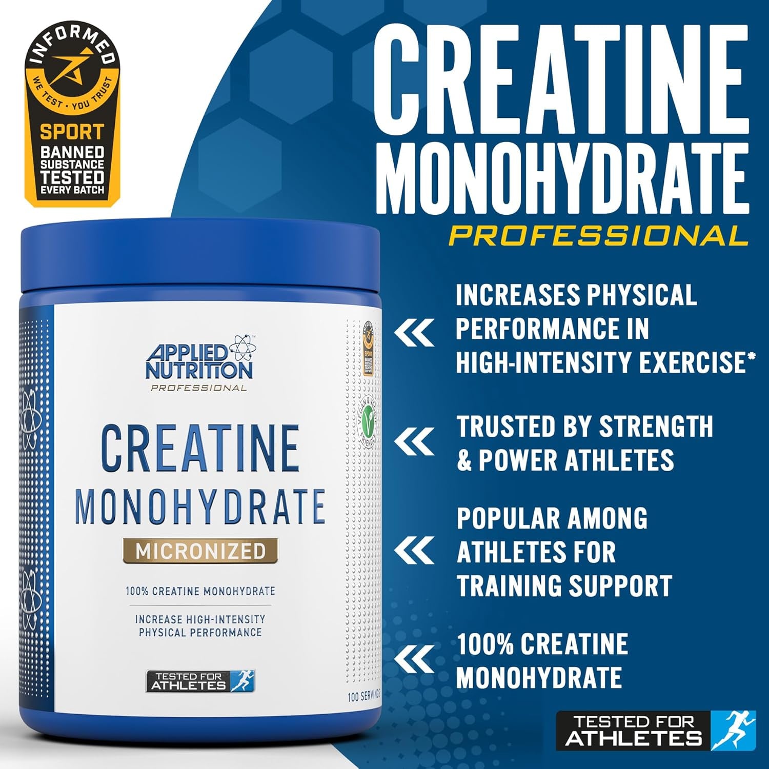 Applied Nutrition Creatine Monohydrate Powder 500G – 100% Micronized Creatine – 5G per Serving – Unflavoured – Supports High-Intensity Performance – 100 Servings