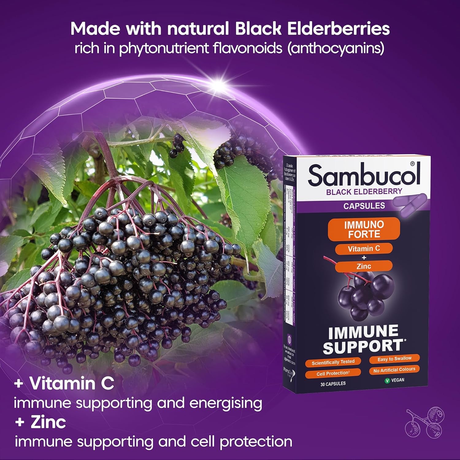 Sambucol Natural Black Elderberry Immuno Forte Capsules | Vitamin C | Zinc | Immune Support Supplement| 30 Capsules