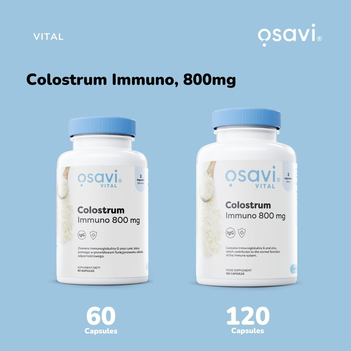 Osavi Colostrum Immuno 800Mg – 120 Capsules | Bovine Colostrum with 18% Immunoglobulins G and Highly Absorbable Zinc Gluconate