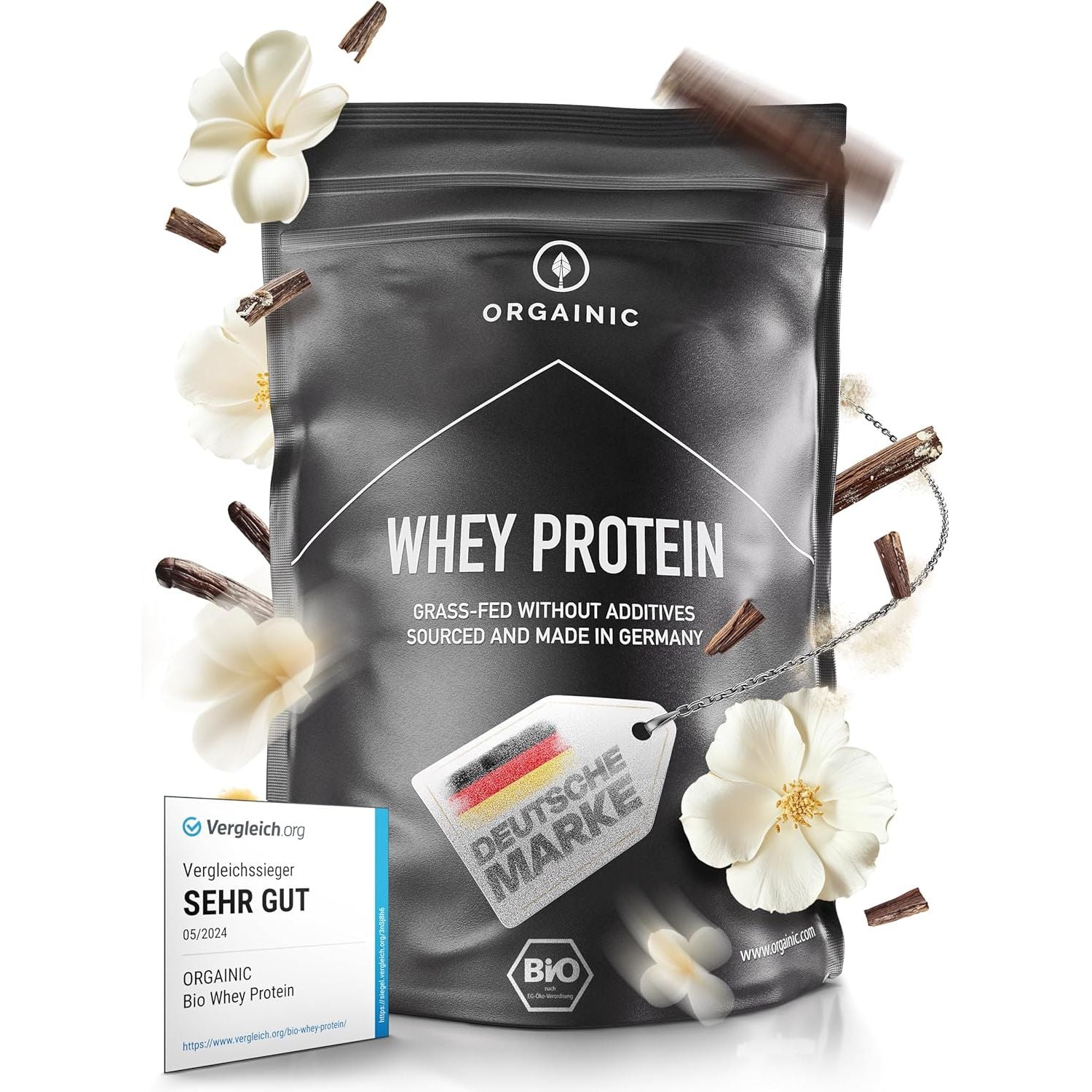 ORGAINIC Organic Vanilla Whey Protein - Organic Certified without Additives - Protein Powder from Germany - Grass Feed - 1000G