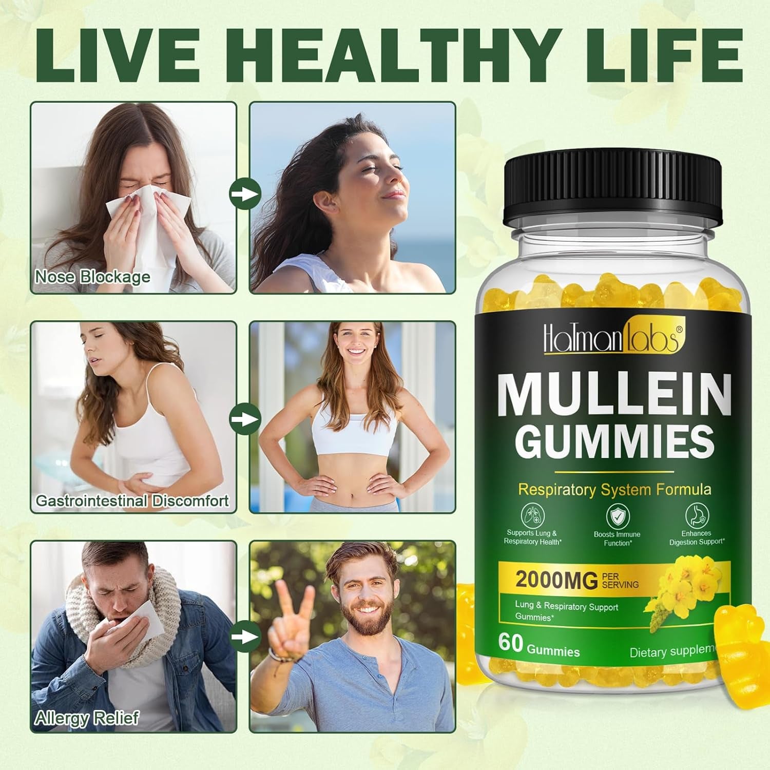 Mullein Gummies - Mullein Leaf Extract for Lungs, Mullein Leaf Gummies 2000Mg - Lung and Respiratory System Support, Vegan & Non-Gmo