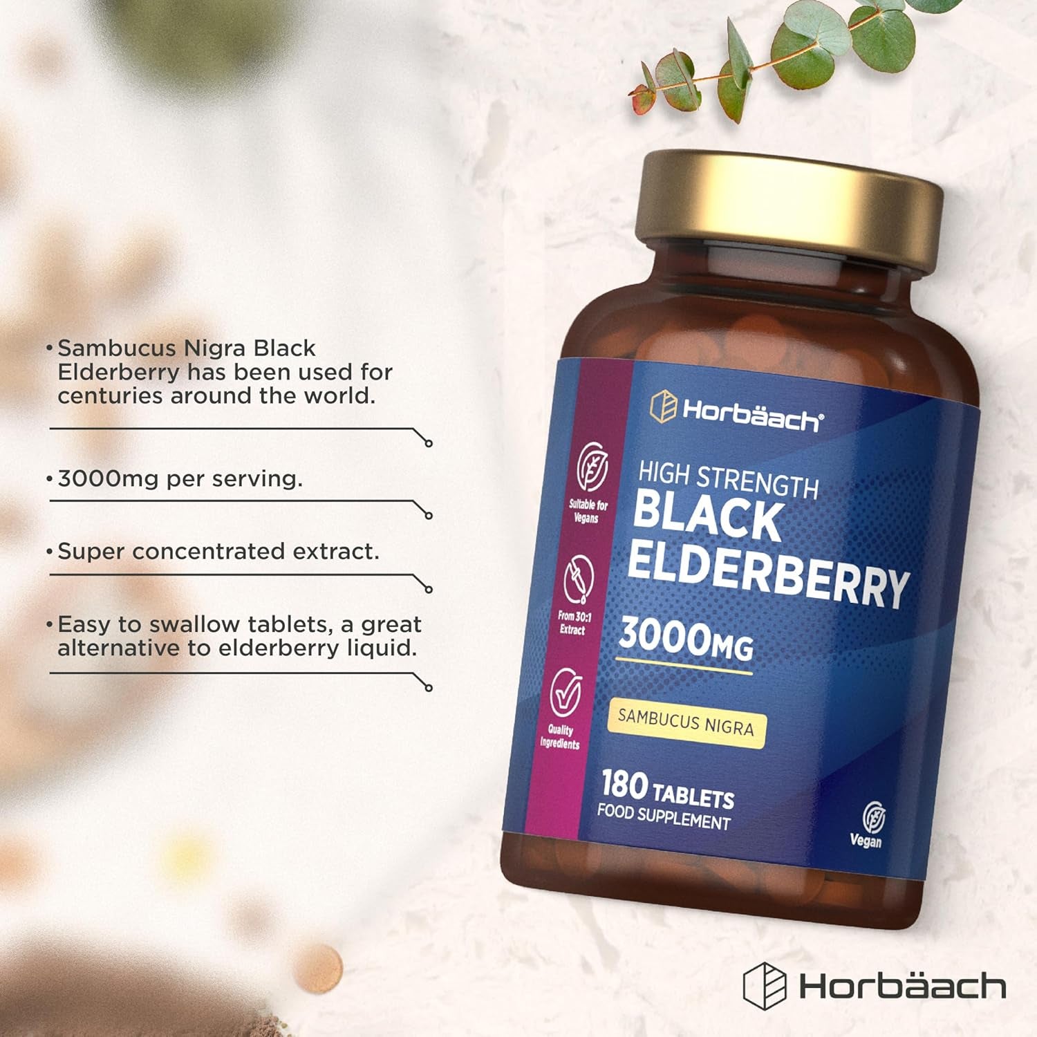 Elderberry Supplement 3000Mg | Black Sambucus Nigra Tablets | High Strength Extract | 180 Vegan Tablets | by Horbaach
