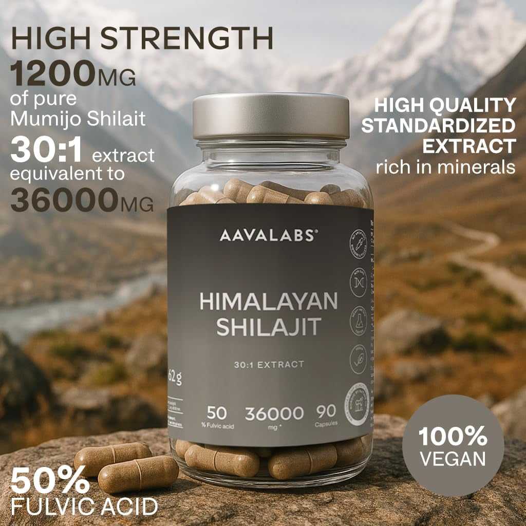 Pure Himalayan Shilajit - 36,000Mg - 30:1 Extract Ratio - 90 Pure Shilajit Capsules for Men- with 50% Fulvic Acid - More Convenient than Resin - Rich in Trace Minerals