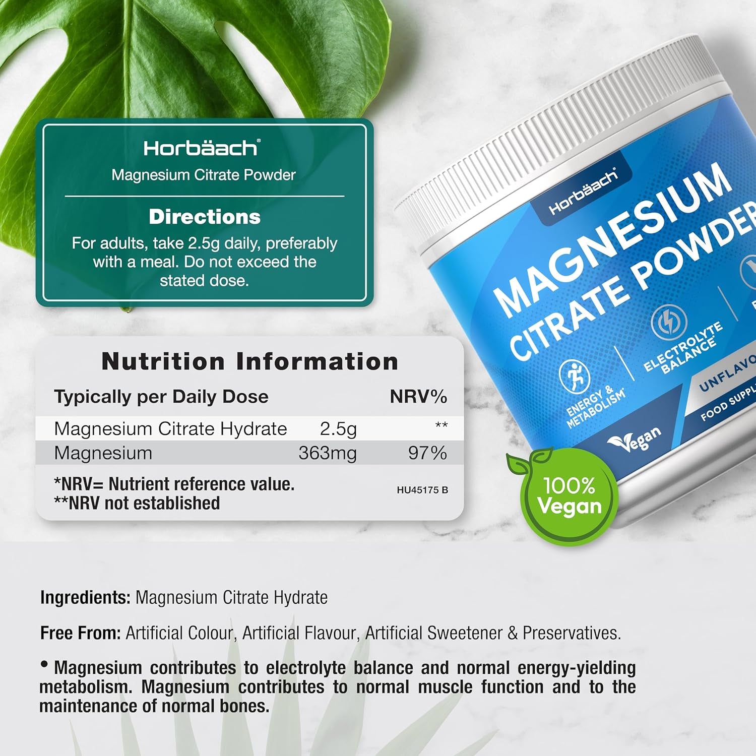 Magnesium Citrate Powder | High Absorption Formula | 250G - 100 Servings | Electrolyte Balance | Pure & High Strength Supplement | Vegan & Unflavoured | for Men & Women | by Horbaach