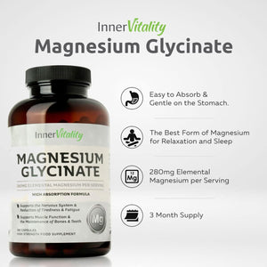 Magnesium Glycinate 180 Capsules (3 Month Supply) 280Mg Elemental Magnesium - High Strength Easy to Absorb Magnesium Supplement with No Additives by Inner Vitality