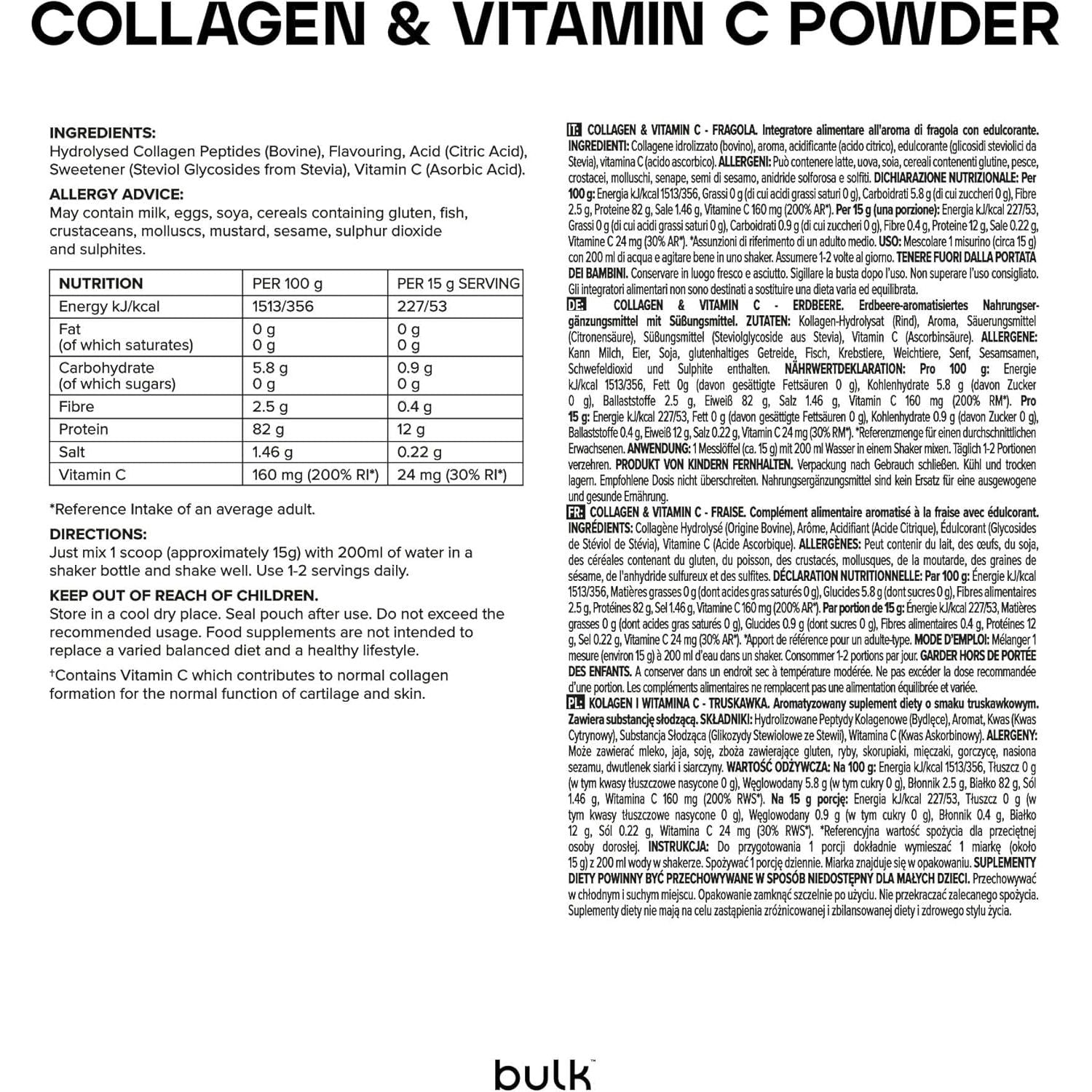 Bulk Collagen Powder with Peptides and Vitamin C, Hydrolysed Bovine Collagen, High Protein Supplement Daily Use in Smoothies, Shakes and Recipes, Joint and Skin Routine, Strawberry, Easy Mixing 500G