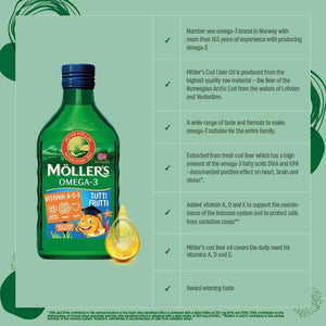 Moller’S ® | Omega 3 for Kids Cod Liver Oil | Nordic Omega-3 Dietary Supplements with EPA, DHA, Vitamin A, D & E | Pure, Natural Cod Liver Oil Liquid | 166-Year-Old-Brand | Tutti Frutti Taste | 250 Ml