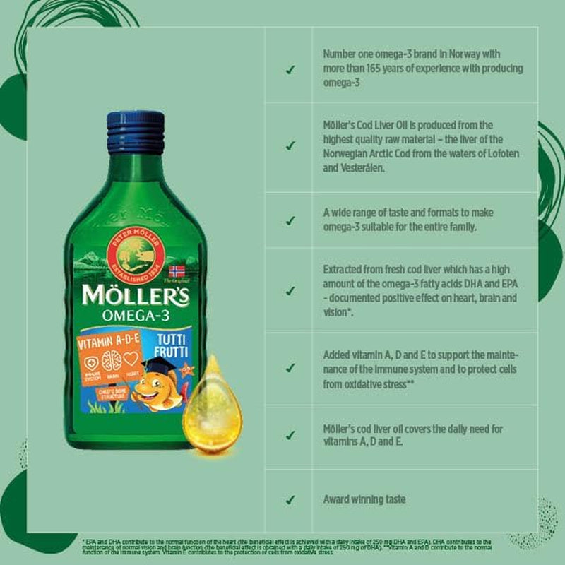 Moller’S ® | Omega 3 for Kids Cod Liver Oil | Nordic Omega-3 Dietary Supplements with EPA, DHA, Vitamin A, D & E | Pure, Natural Cod Liver Oil Liquid | 166-Year-Old-Brand | Tutti Frutti Taste | 250 Ml