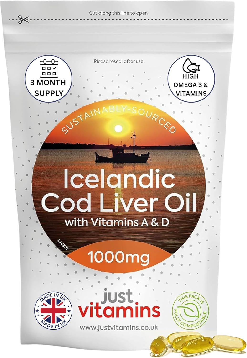 Icelandic Cod Liver Oil 1000Mg | 90 Premium Softgels | High Strength Omega 3 with Vitamins a & D | Supports Heart, Brain & Eye Health | UK Made - Just Vitamins