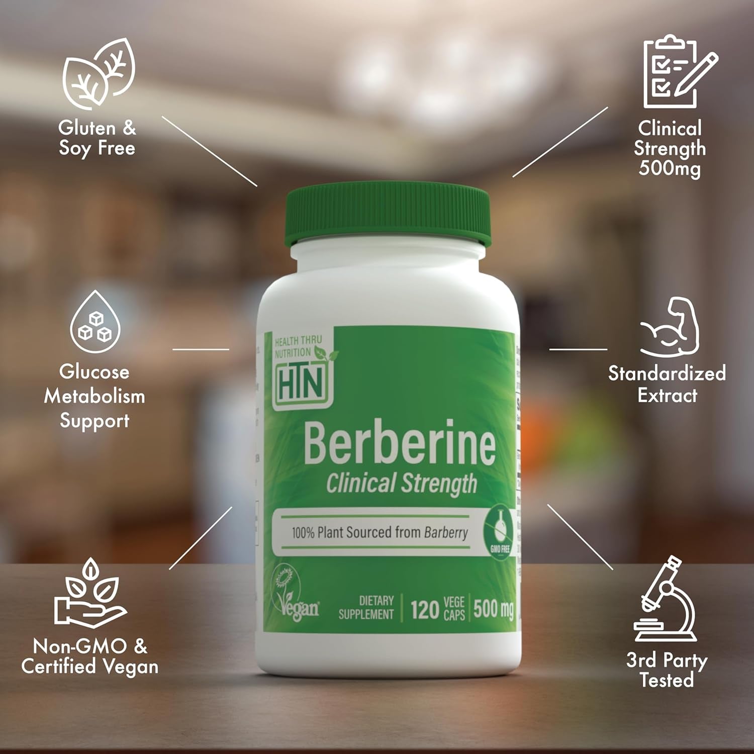 Berberine Hcl 500Mg 120 Servings | Clinical Strength | Certified Vegan| Non-Gmo | Gluten Free | Soy Free | 3Rd Party Tested | by Health Thru Nutrition