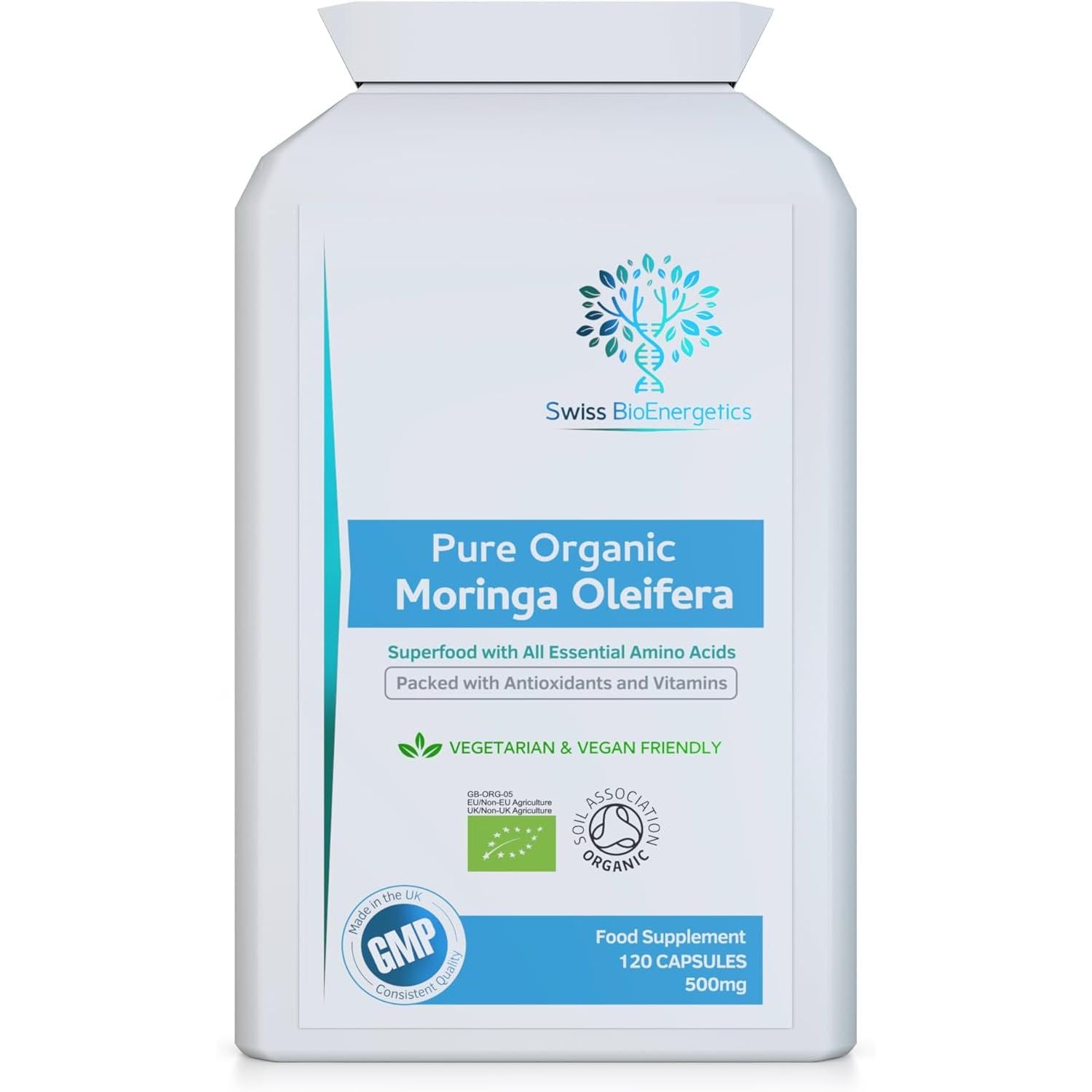 Pure Organic Moringa Oleifera 500Mg 120 Capsules - No Fillers or Flowing Agents - 100% Natural Soil Association Certified High Strength Superfood with All Essential Amino Acids