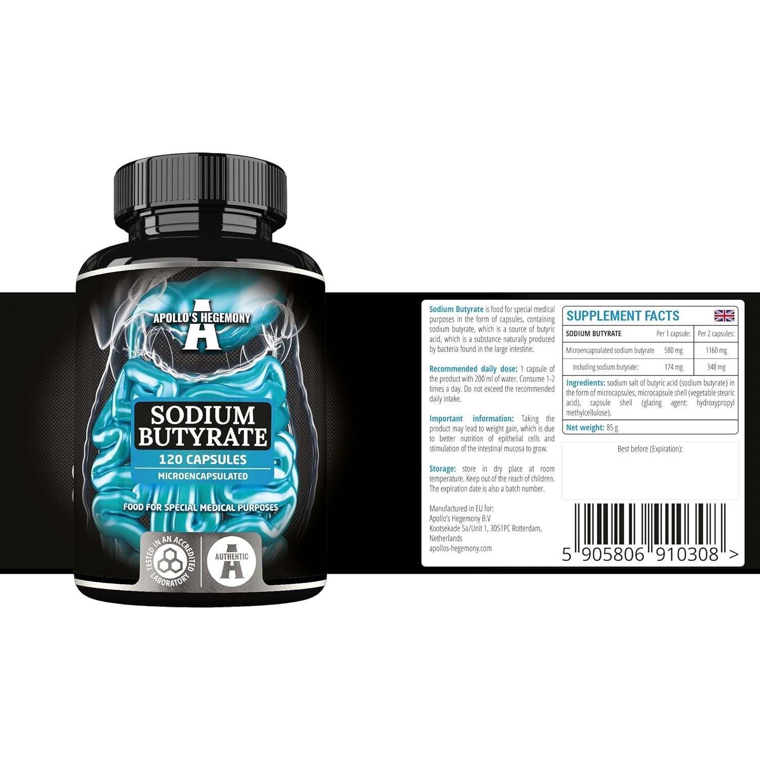 Sodium Butyrate High Dose 570 Mg (30% Butyric Acid), 120 Vegan Capsules, 4 Month Supply, Sodium Supplement to Support Intestinal Barrier Regeneration and Overal Gut Health - by Apollo'S Hegemony