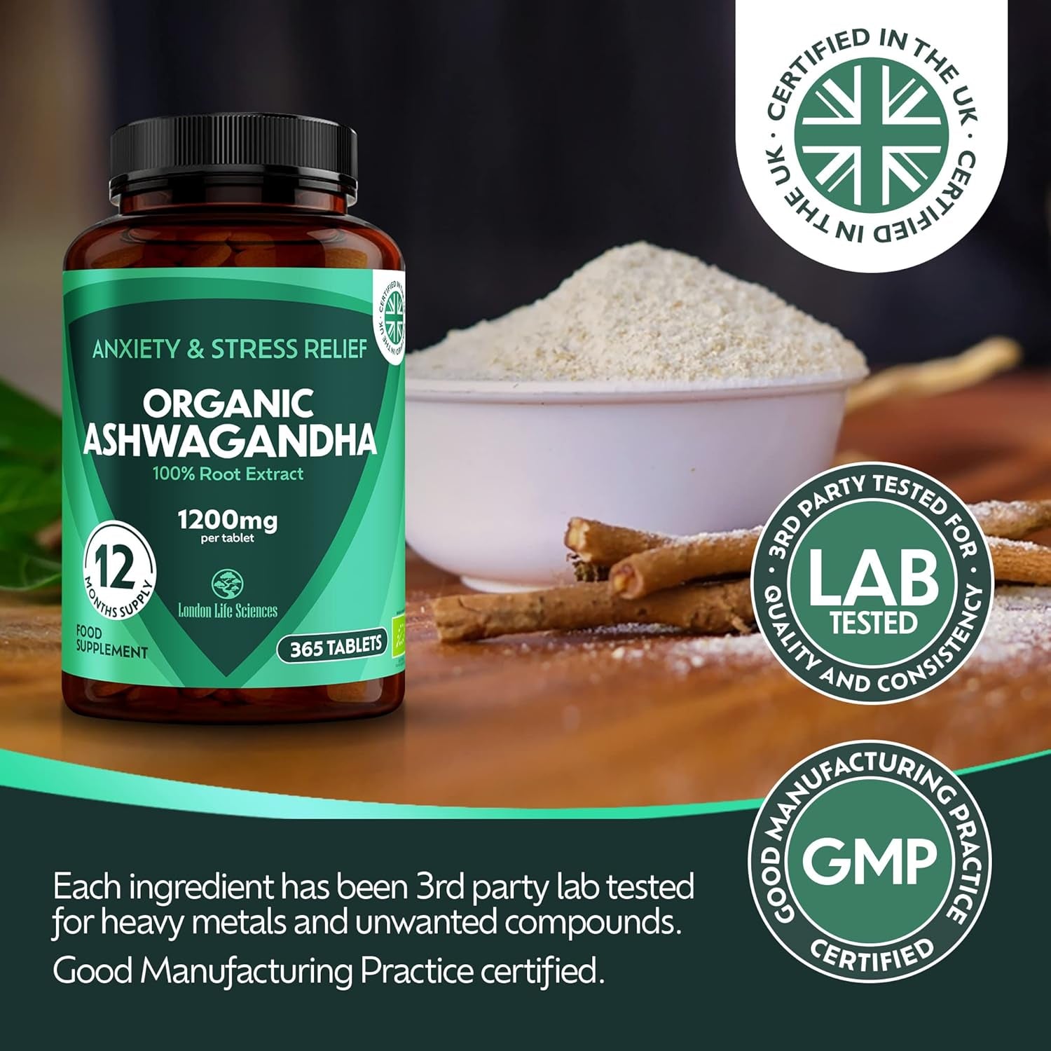 Organic Ashwagandha 1200Mg - 365 Tablets High Concentration Vegan Organic Root Extract - 12 Months Supply