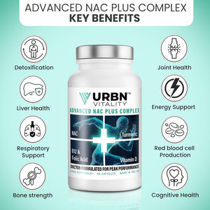 Urbn Vitality NAC + Turmeric Complex | Vitamin D3, B12 & Folate | 12-In-1 Supplement with Piperine | Energy, Recovery & Immune Support | 60 Vegetarian Capsules