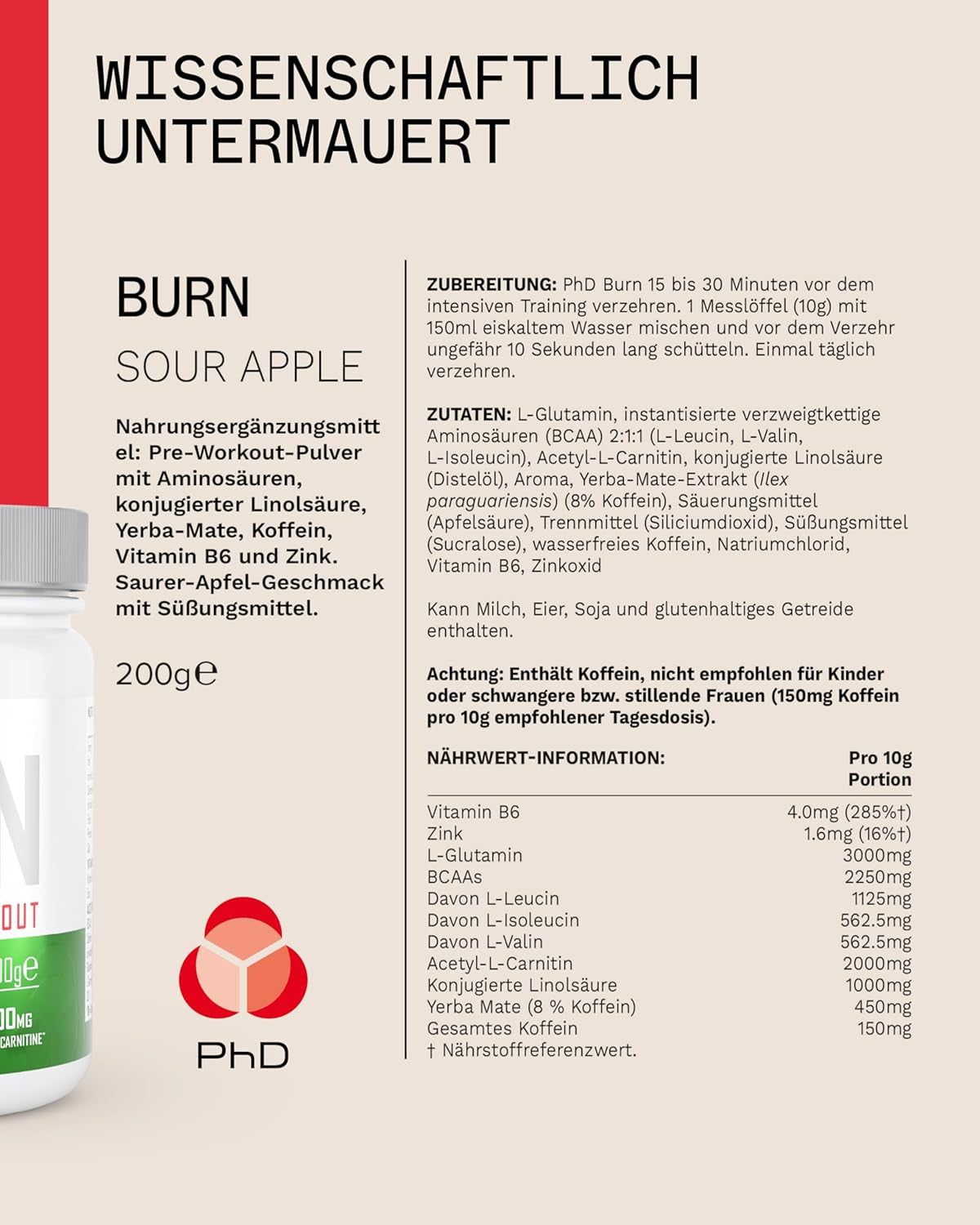 Phd Burn Pre Workout Powder with L Carnitine for Women and Men, Rich in CLA, High Caffeine for Pre-Workout, Sour Apple Flavour, 20 Servings (200G)