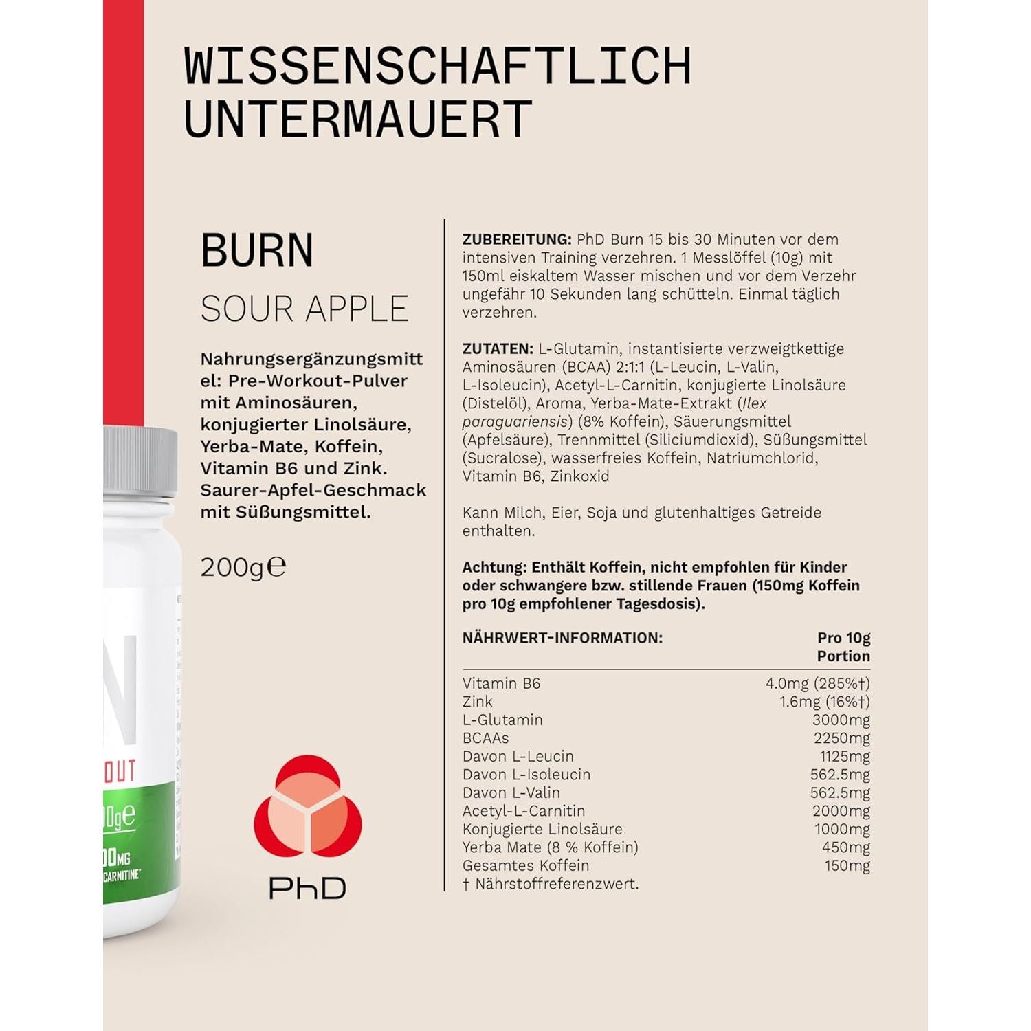 Phd Burn Pre Workout Powder with L Carnitine for Women and Men, Rich in CLA, High Caffeine for Pre-Workout, Sour Apple Flavour, 20 Servings (200G)
